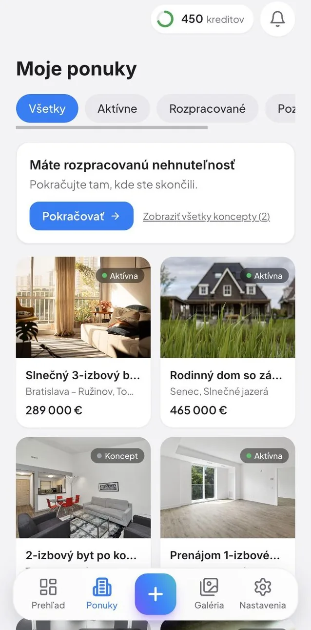 Zoznam ponúk v aplikácii Relapo